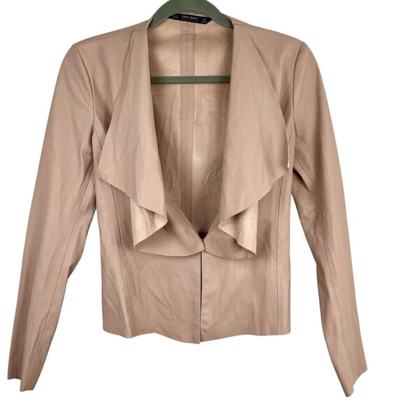 Zara Basic Baby Pink Vegan Faux Leather Moto Boho Button Cropped Blazer Size XS - Picture 3 of 12